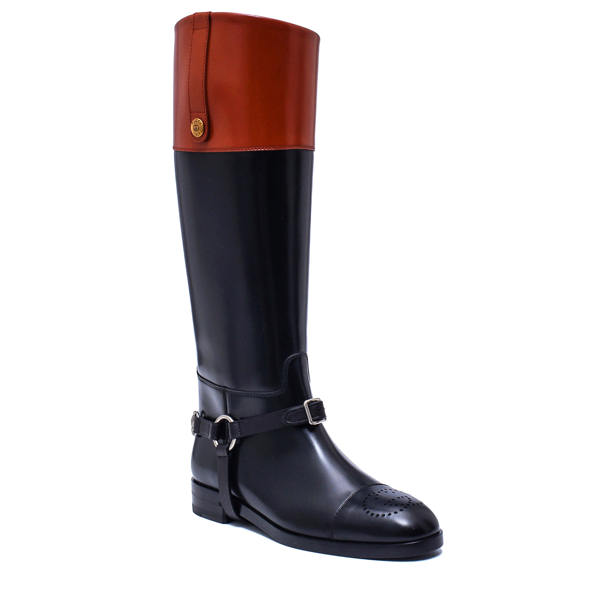 Gucci - Black Calfskin Leather Zelda Harness Knee High Rain Boots / 38.5